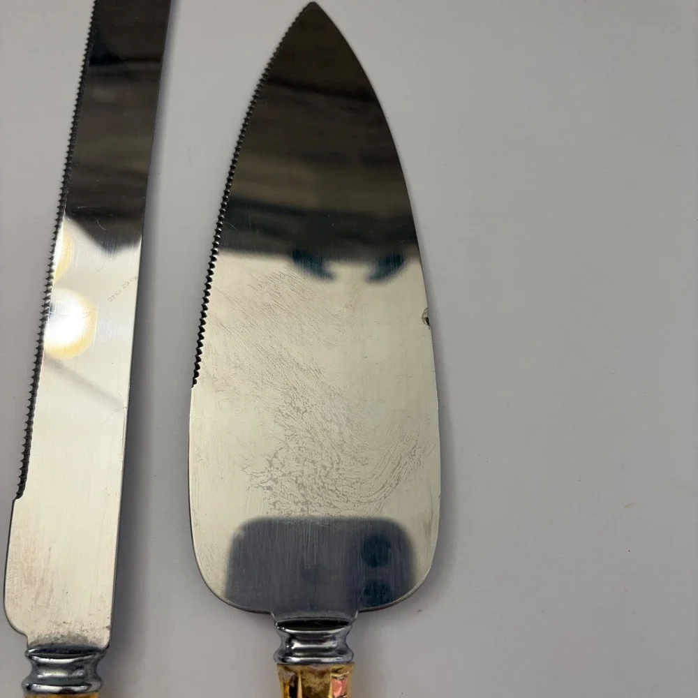 Vintage Sheffield England Stainless Steel Cake Server Knife Set Gold Ornate